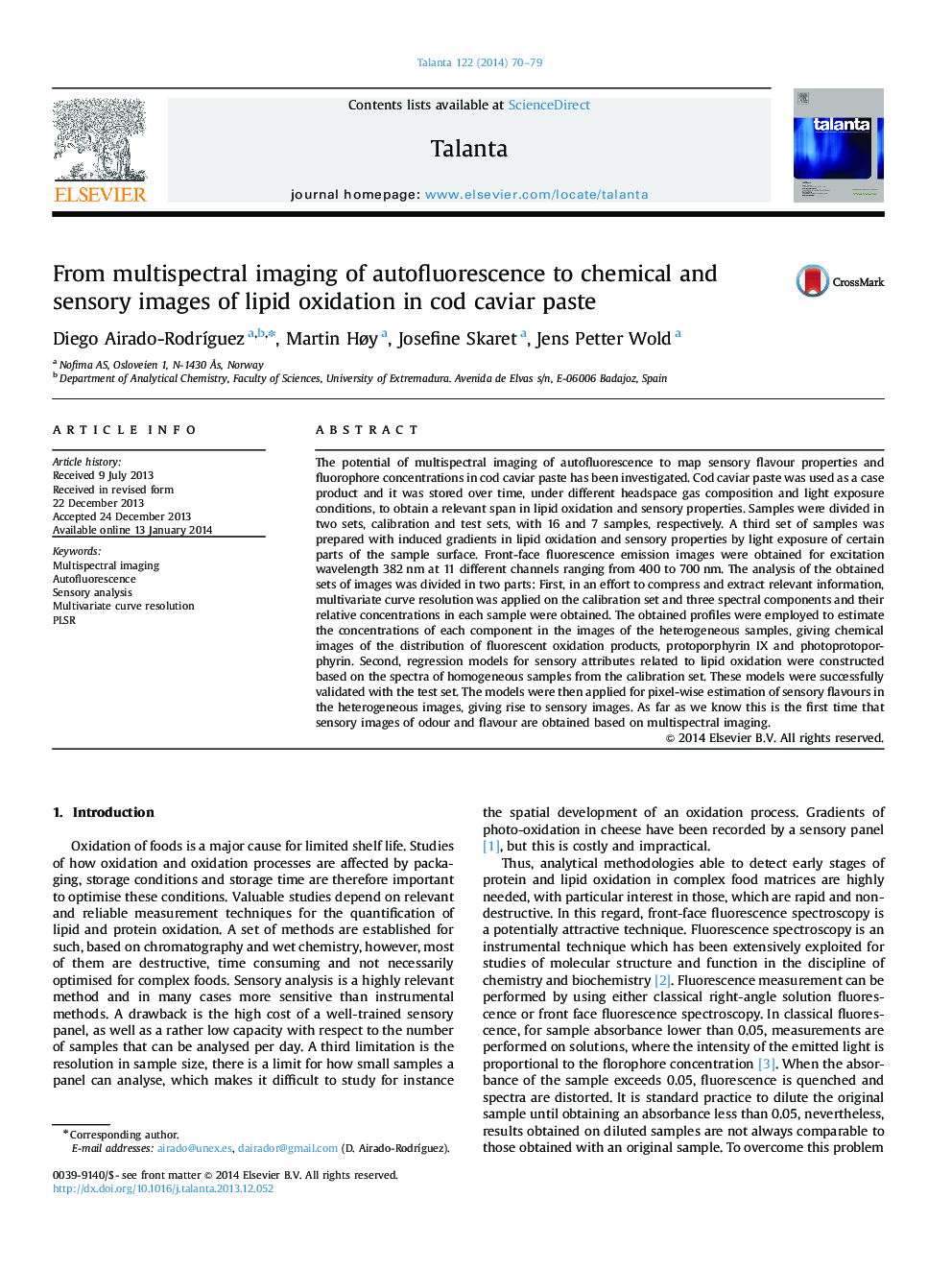 From multispectral imaging of autofluorescence to chemical and sensory images of lipid oxidation in cod caviar paste