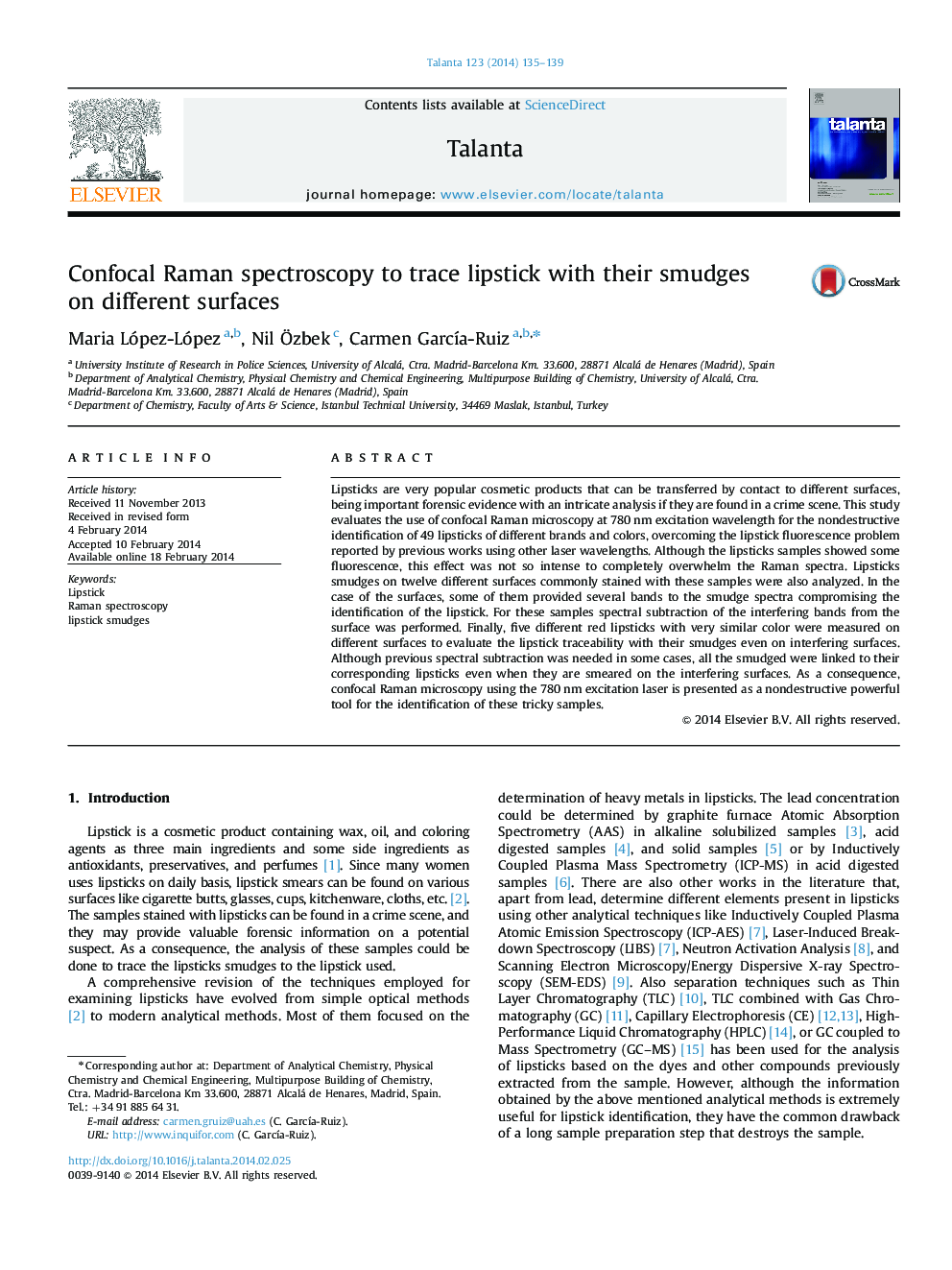 Confocal Raman spectroscopy to trace lipstick with their smudges on different surfaces