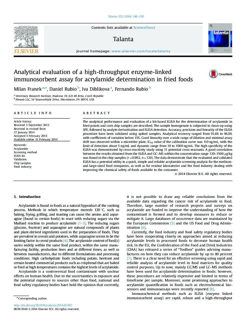 Analytical evaluation of a high-throughput enzyme-linked immunosorbent assay for acrylamide determination in fried foods