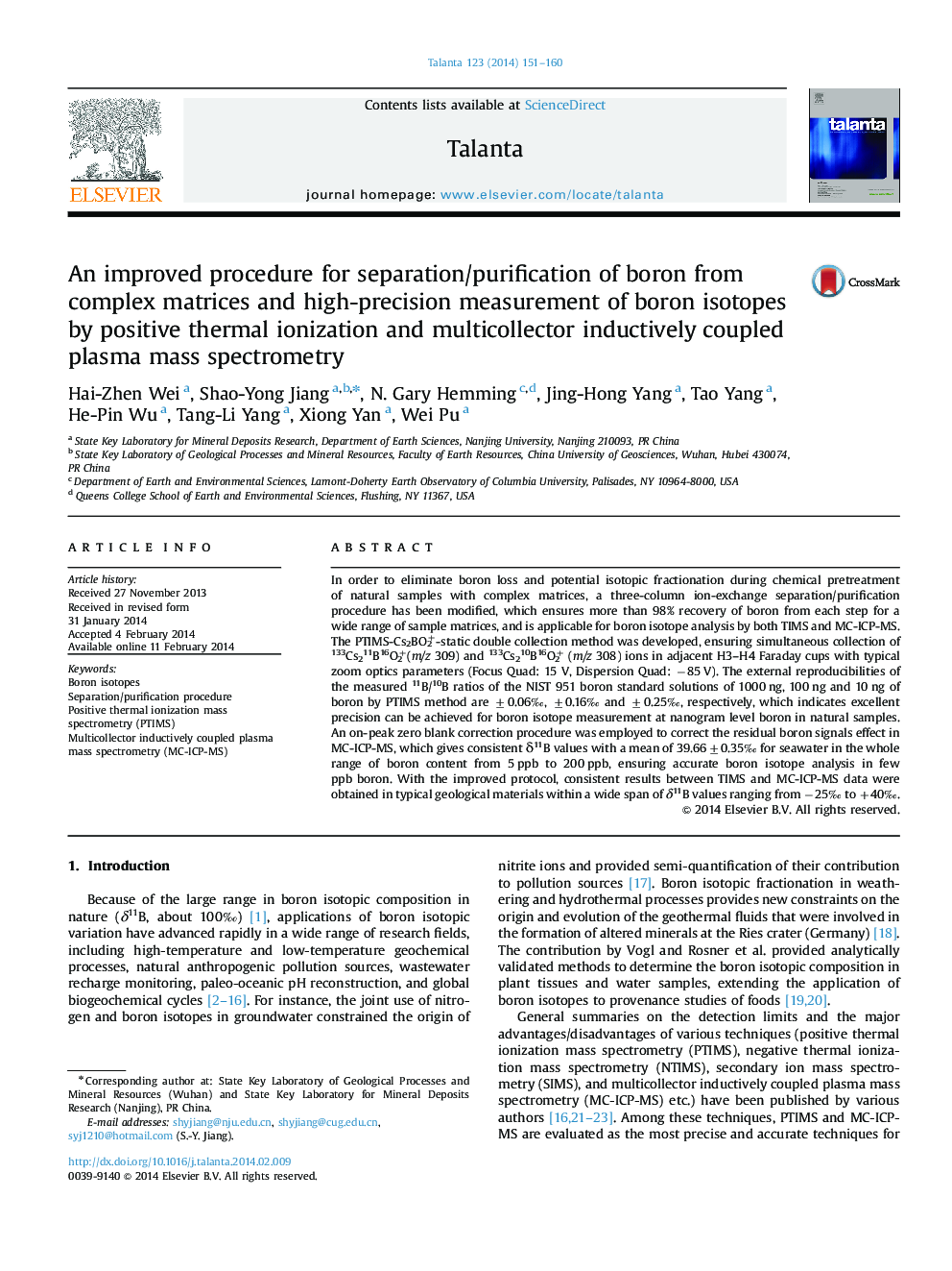 An improved procedure for separation/purification of boron from complex matrices and high-precision measurement of boron isotopes by positive thermal ionization and multicollector inductively coupled plasma mass spectrometry