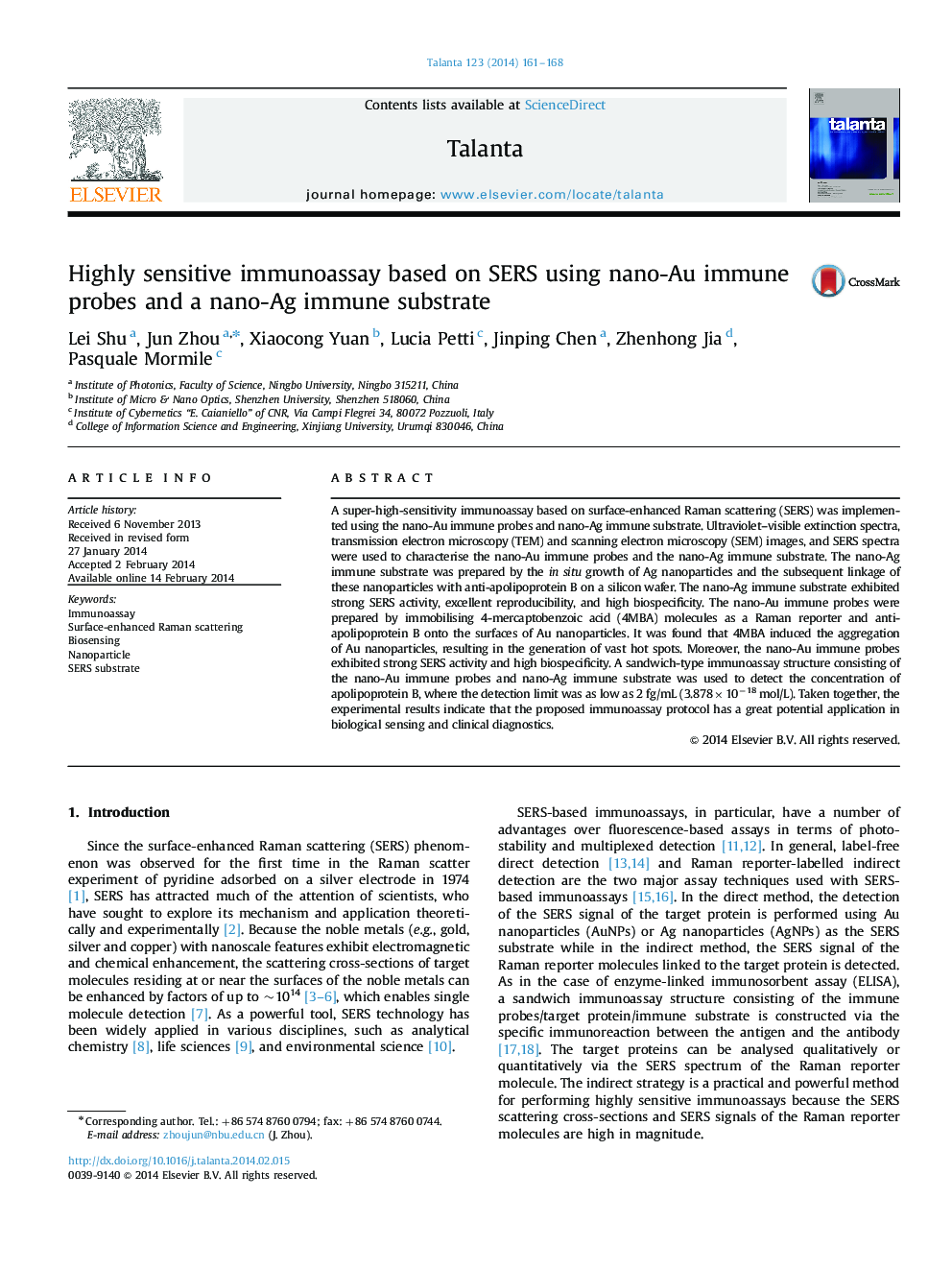 Highly sensitive immunoassay based on SERS using nano-Au immune probes and a nano-Ag immune substrate