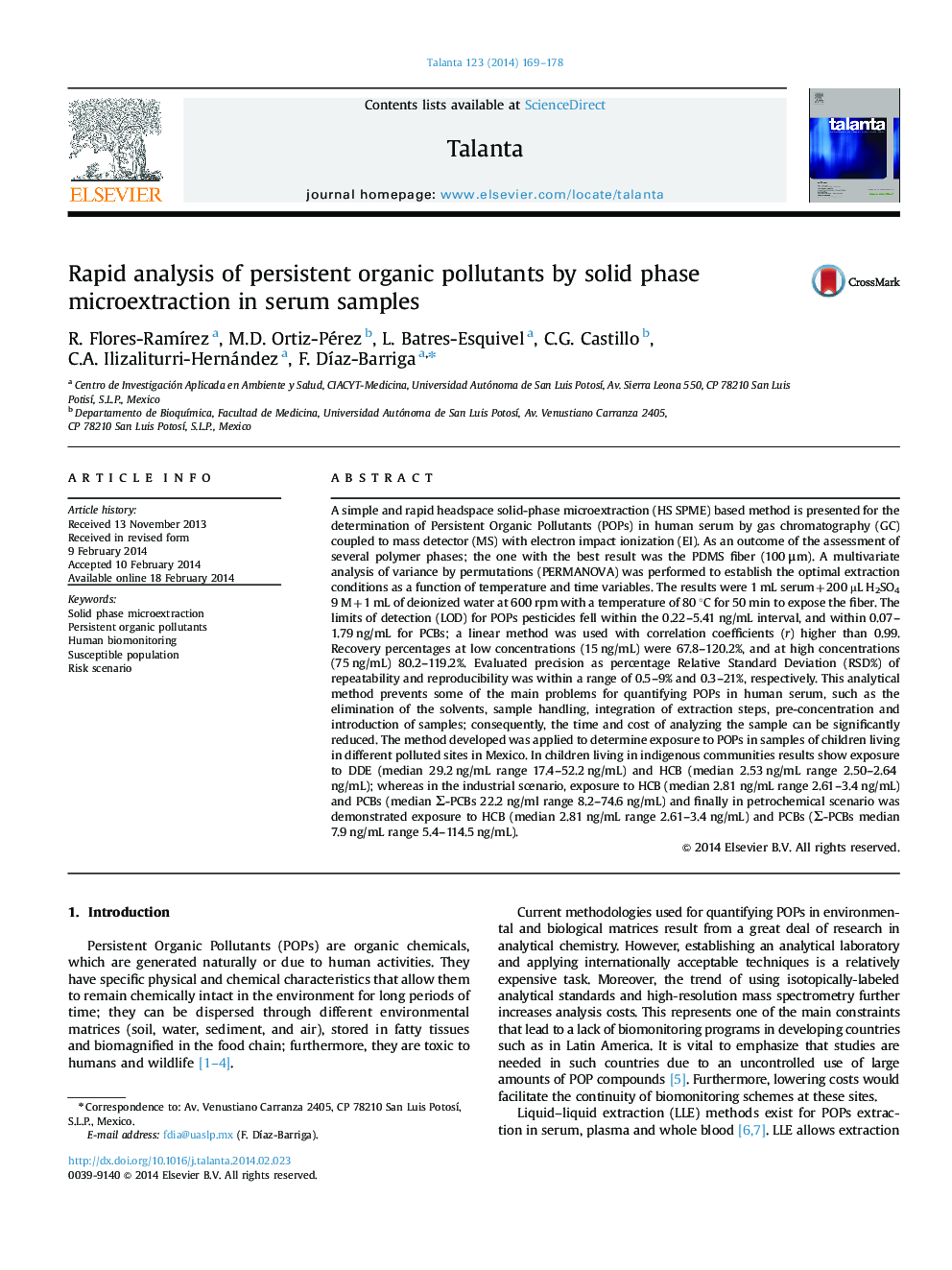 Rapid analysis of persistent organic pollutants by solid phase microextraction in serum samples