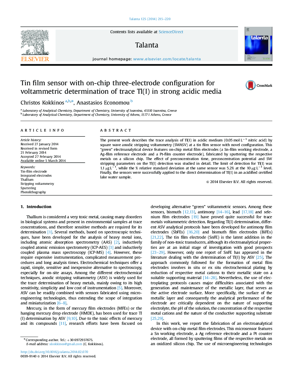 Tin film sensor with on-chip three-electrode configuration for voltammetric determination of trace Tl(I) in strong acidic media