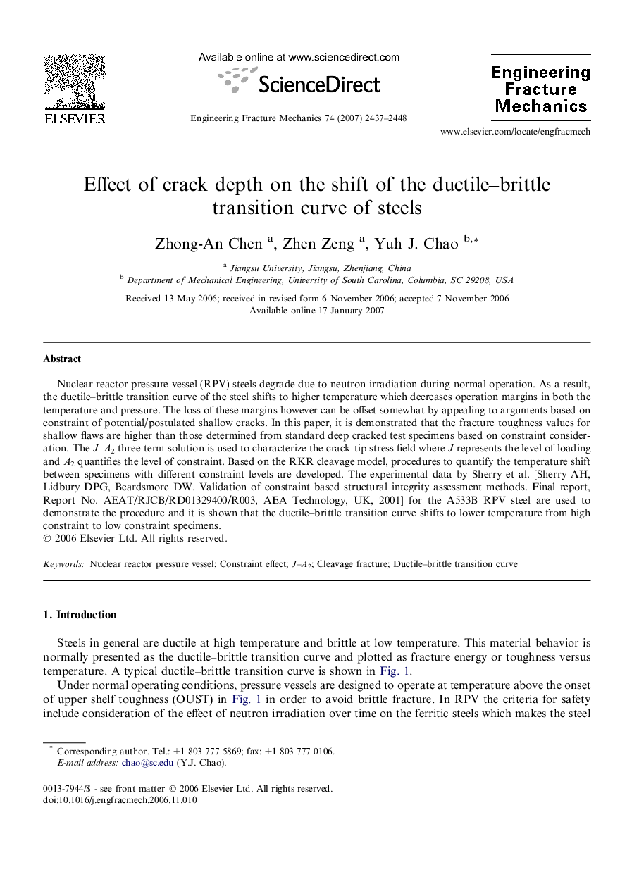 Effect of crack depth on the shift of the ductile–brittle transition curve of steels