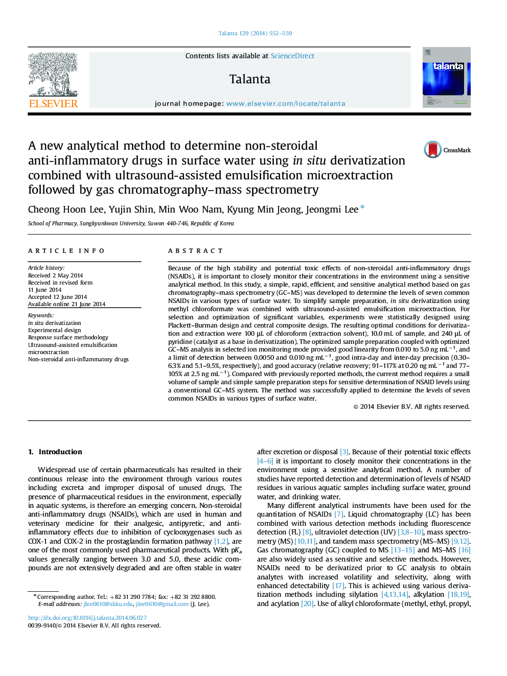 A new analytical method to determine non-steroidal anti-inflammatory drugs in surface water using in situ derivatization combined with ultrasound-assisted emulsification microextraction followed by gas chromatography-mass spectrometry