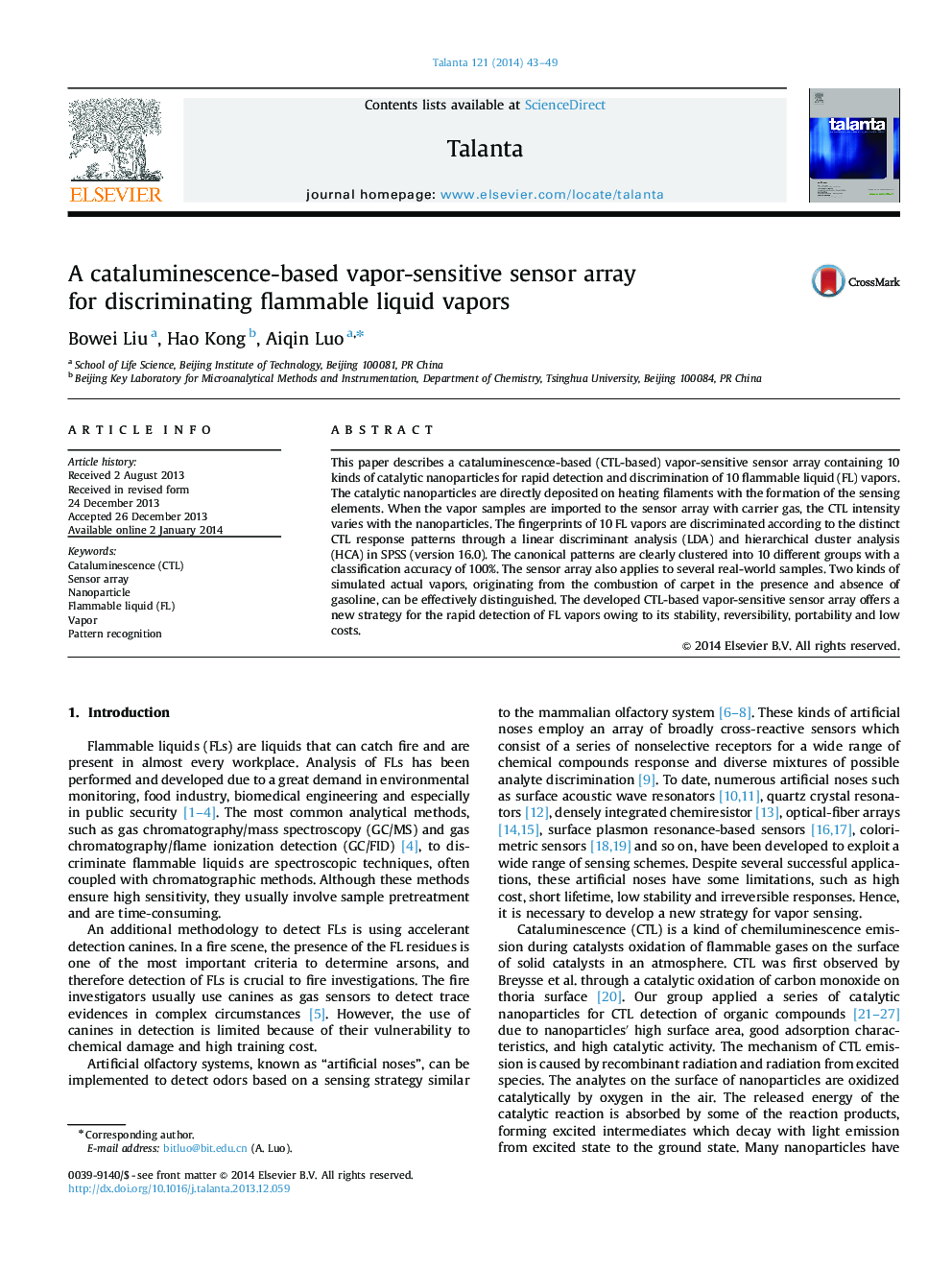 A cataluminescence-based vapor-sensitive sensor array for discriminating flammable liquid vapors