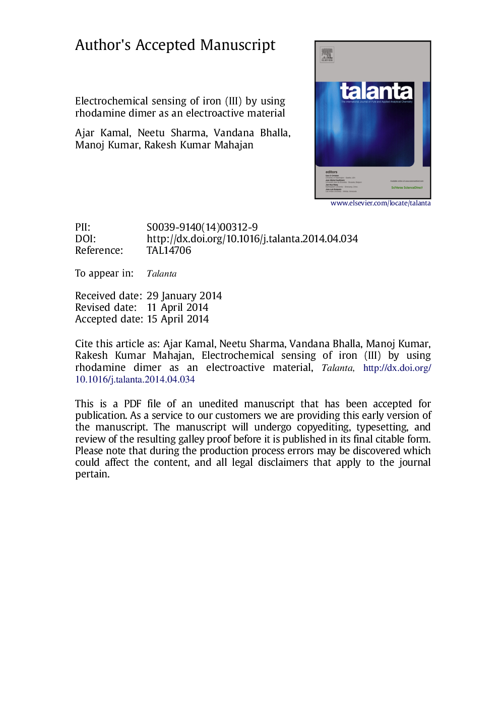 Electrochemical sensing of iron (III) by using rhodamine dimer as an electroactive material