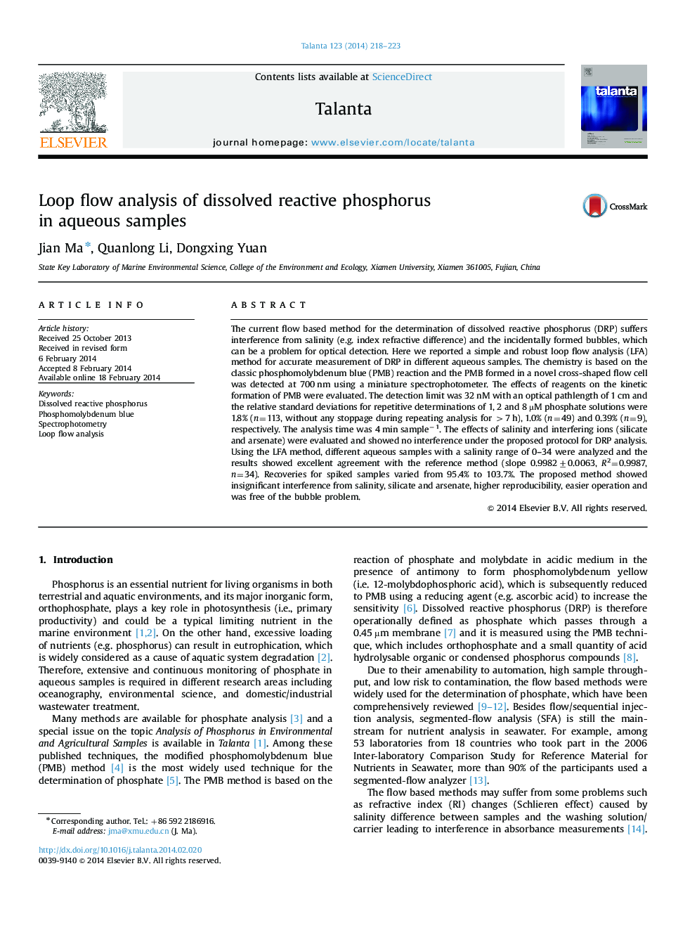 Loop flow analysis of dissolved reactive phosphorus in aqueous samples