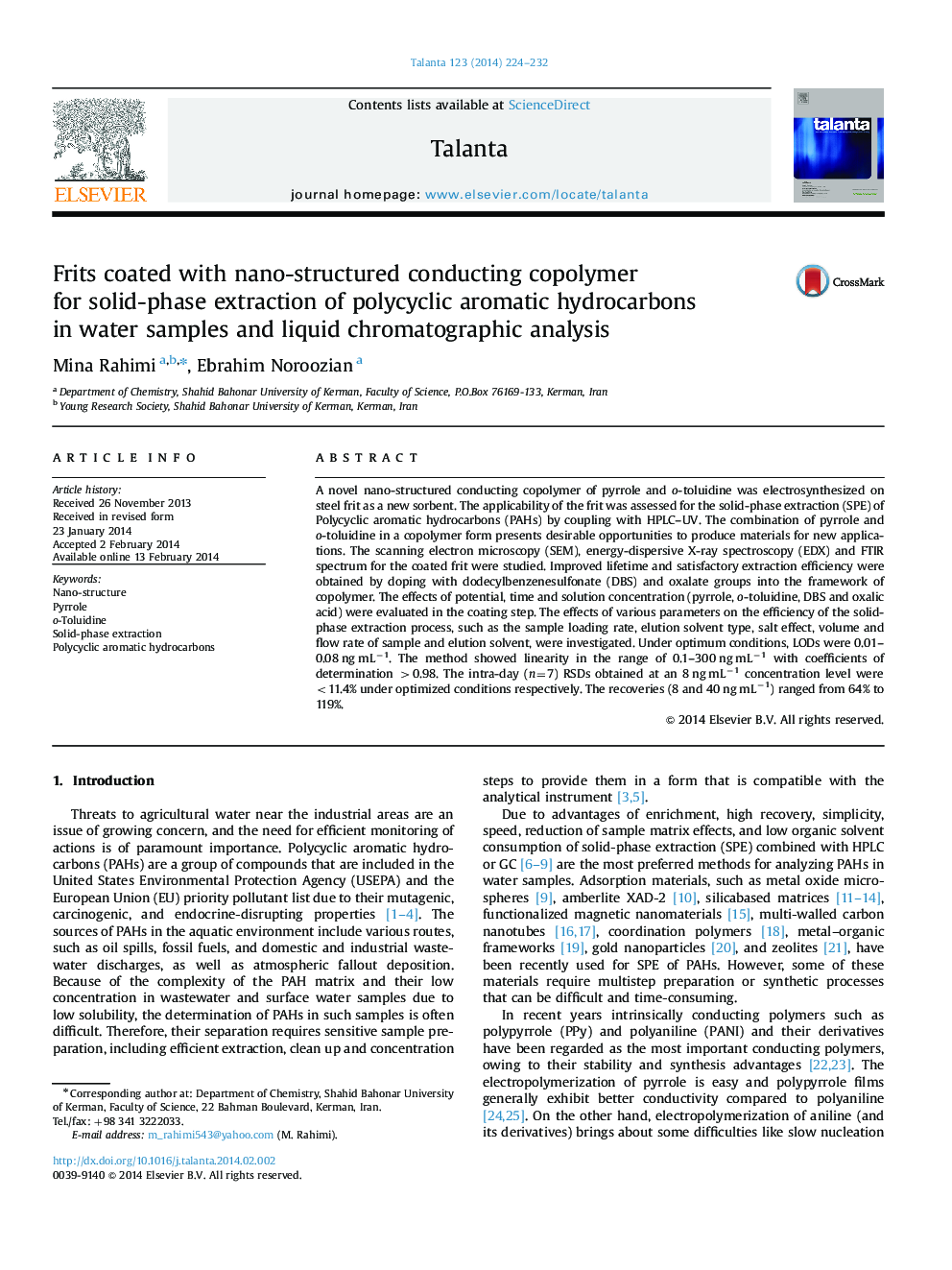 Frits coated with nano-structured conducting copolymer for solid-phase extraction of polycyclic aromatic hydrocarbons in water samples and liquid chromatographic analysis