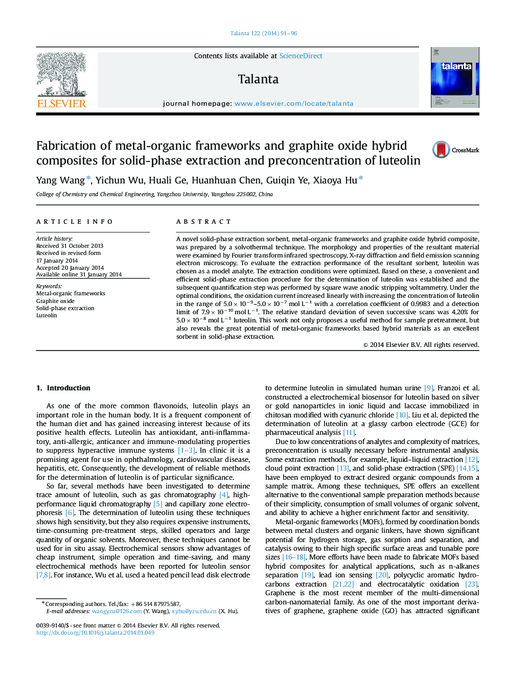 Fabrication of metal-organic frameworks and graphite oxide hybrid composites for solid-phase extraction and preconcentration of luteolin