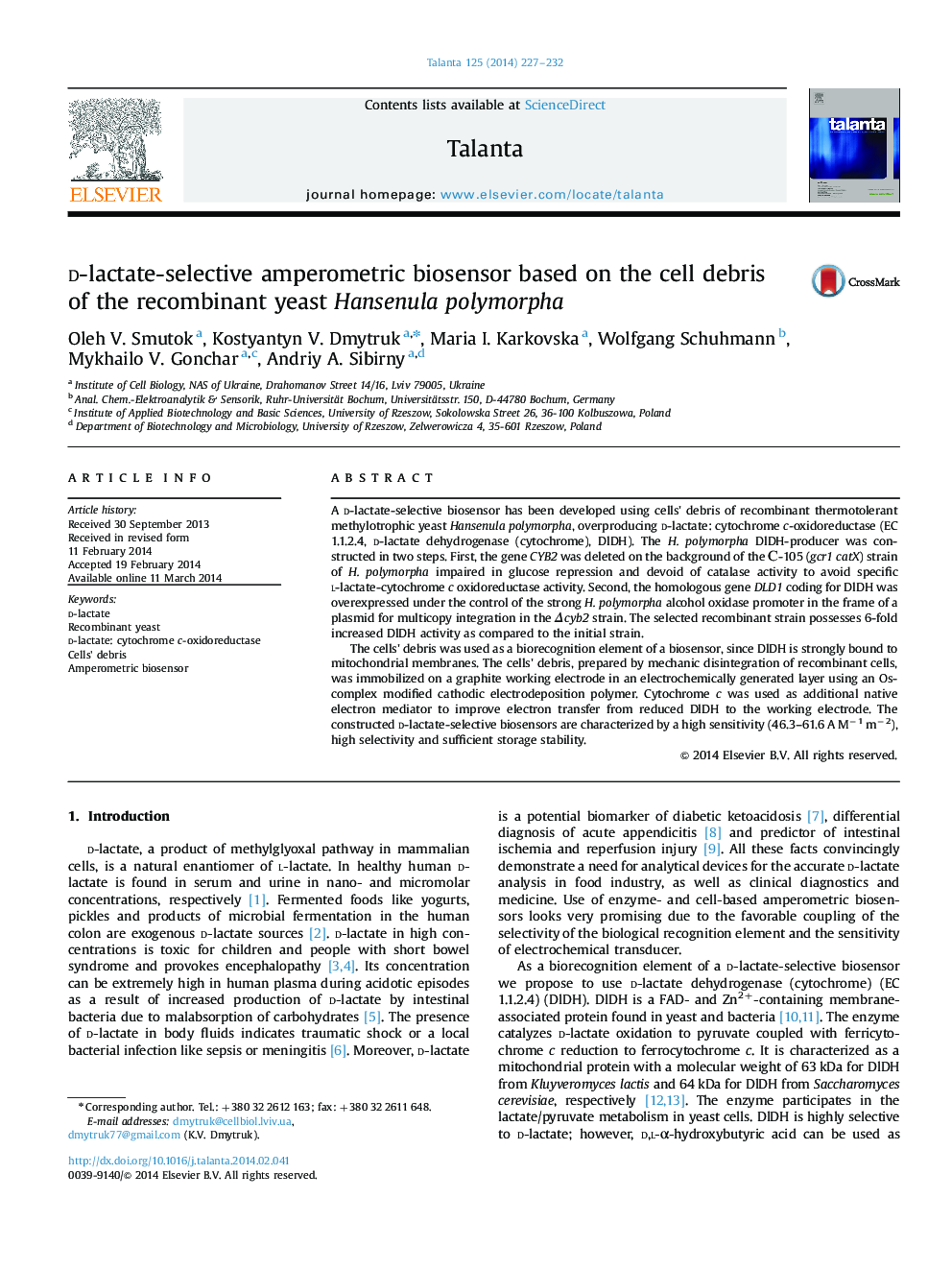 d-lactate-selective amperometric biosensor based on the cell debris of the recombinant yeast Hansenula polymorpha