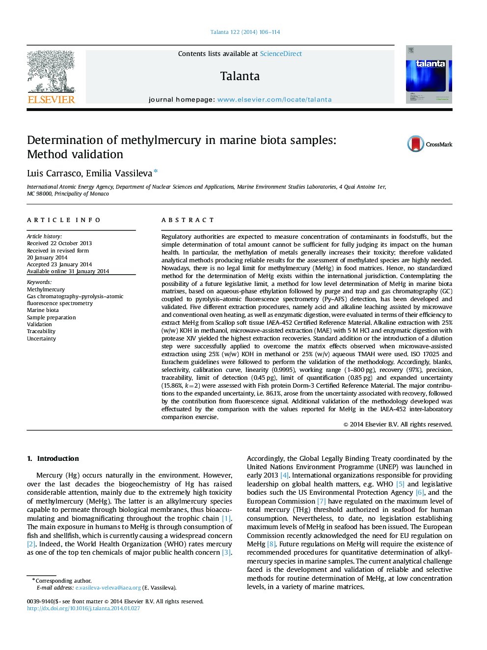 Determination of methylmercury in marine biota samples: Method validation