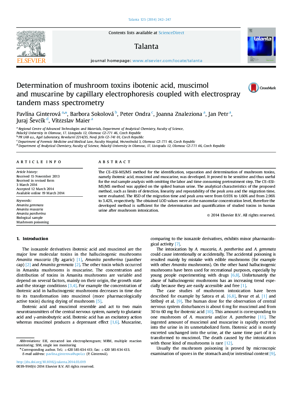 Determination of mushroom toxins ibotenic acid, muscimol and muscarine by capillary electrophoresis coupled with electrospray tandem mass spectrometry