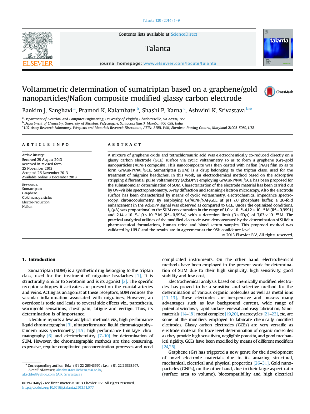 Voltammetric determination of sumatriptan based on a graphene/gold nanoparticles/Nafion composite modified glassy carbon electrode