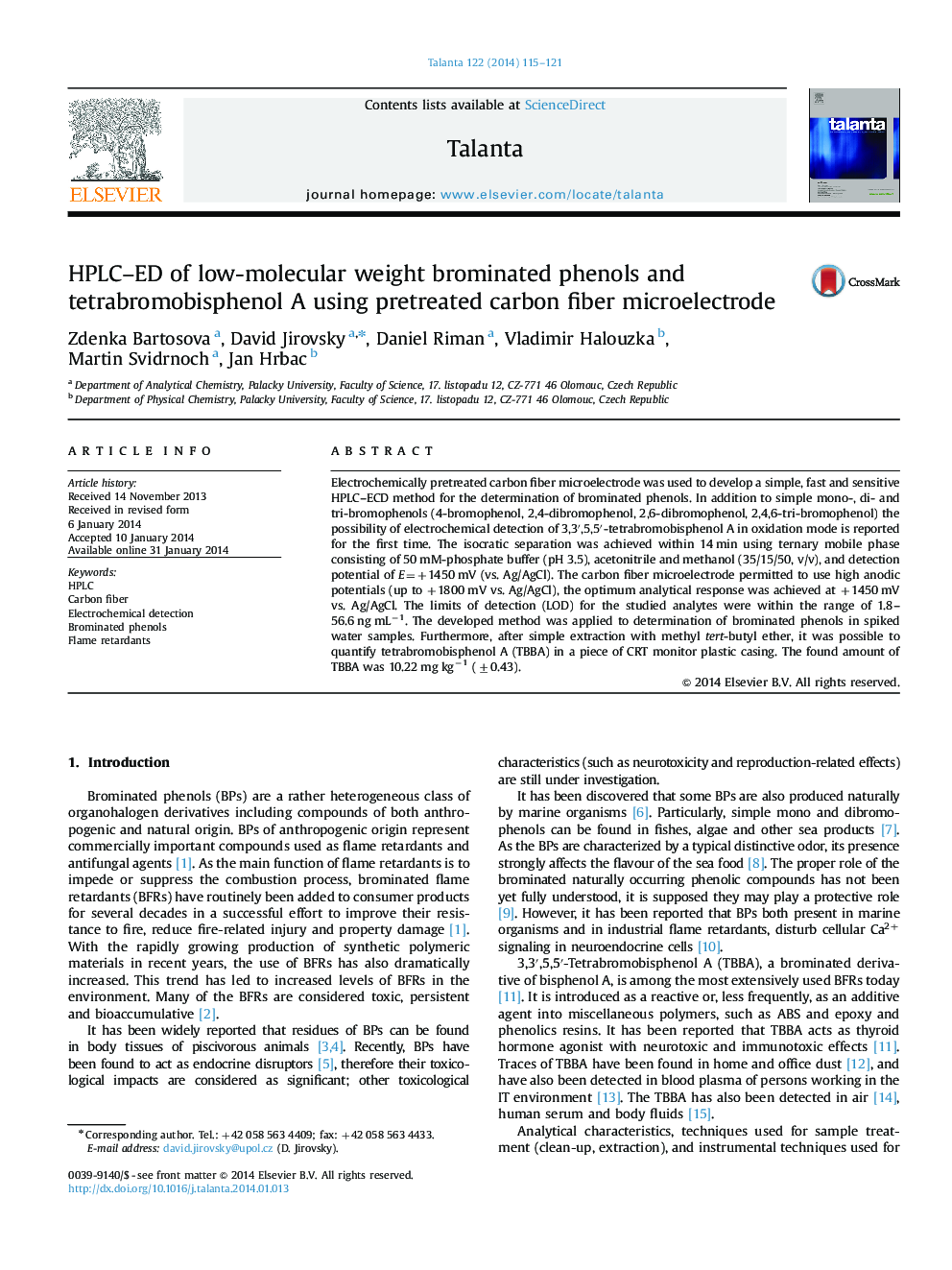 HPLC-ED of low-molecular weight brominated phenols and tetrabromobisphenol A using pretreated carbon fiber microelectrode