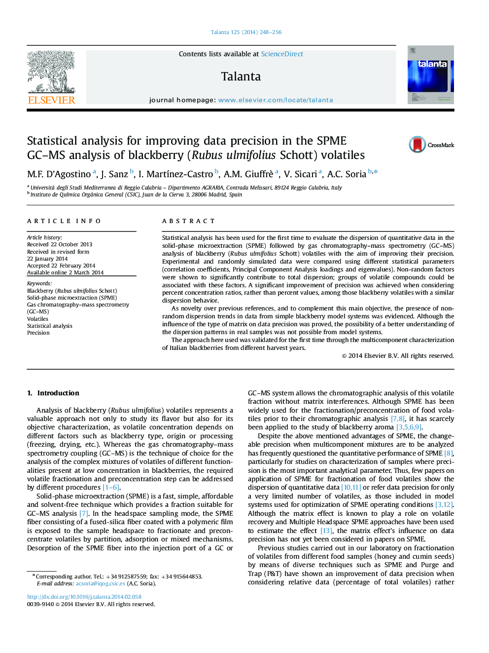 Statistical analysis for improving data precision in the SPME GC-MS analysis of blackberry (Rubus ulmifolius Schott) volatiles