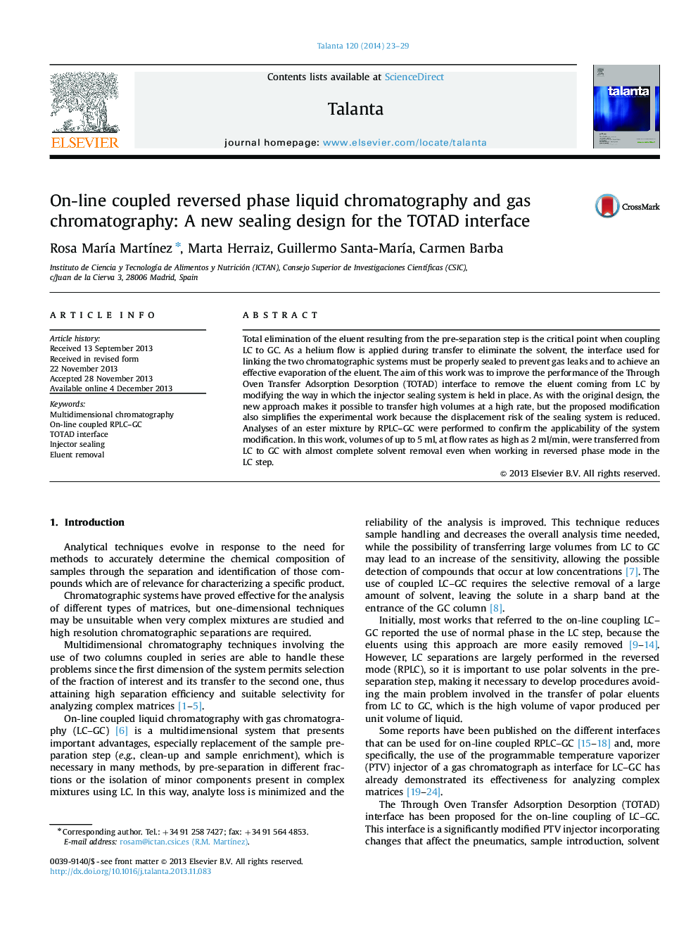 On-line coupled reversed phase liquid chromatography and gas chromatography: A new sealing design for the TOTAD interface