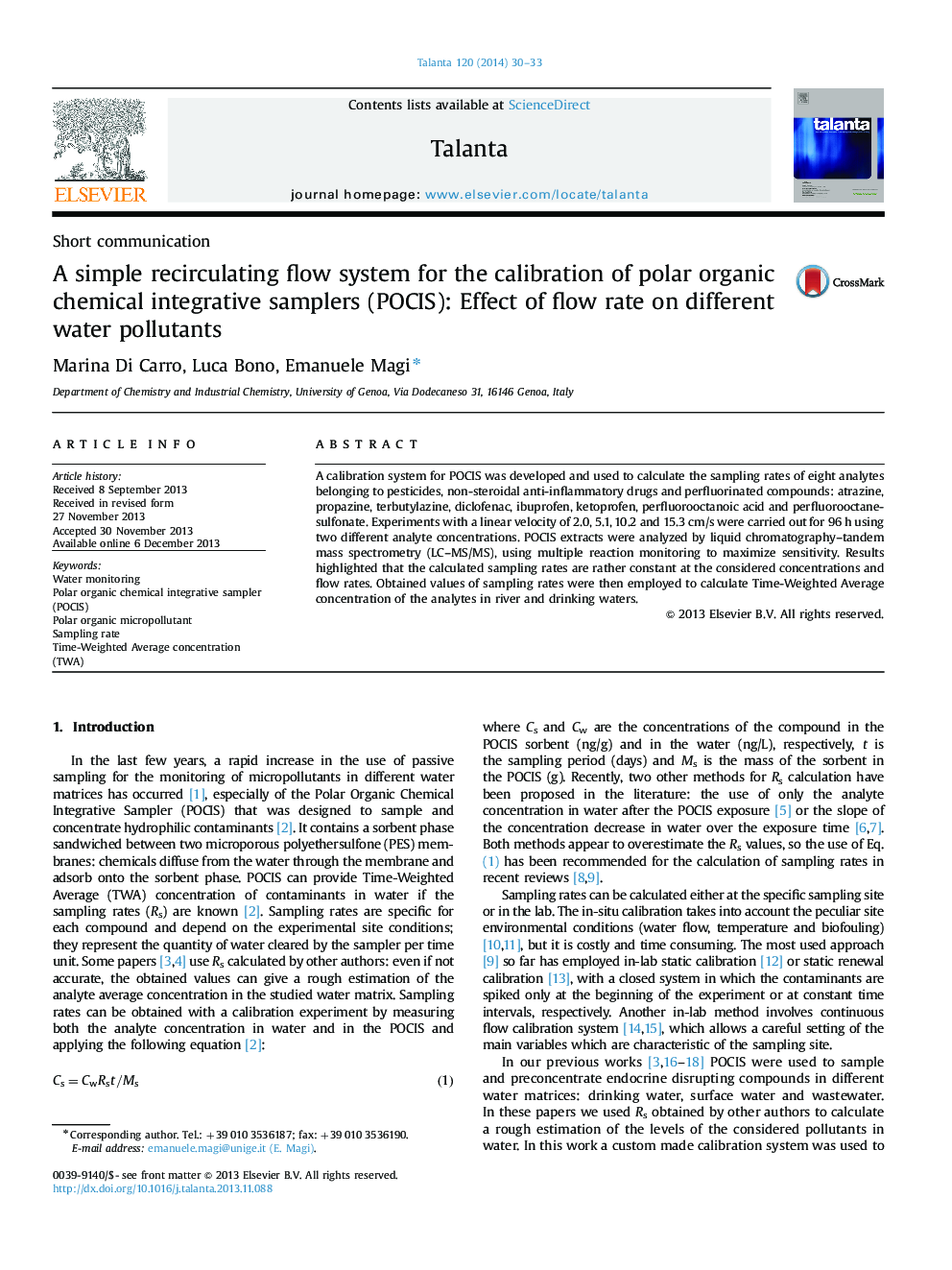 A simple recirculating flow system for the calibration of polar organic chemical integrative samplers (POCIS): Effect of flow rate on different water pollutants