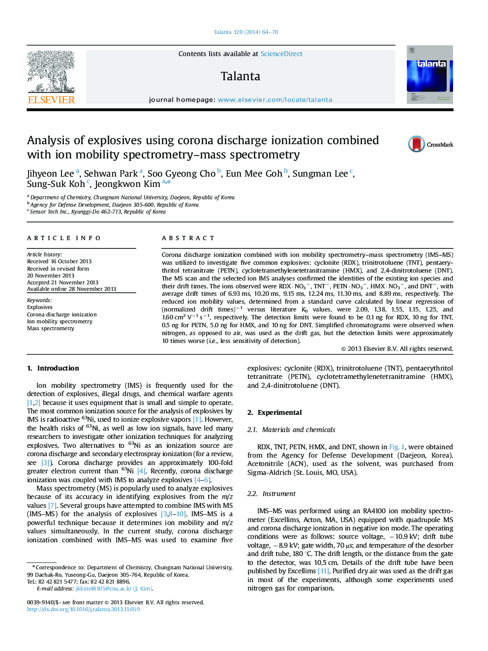 Analysis of explosives using corona discharge ionization combined with ion mobility spectrometry-mass spectrometry