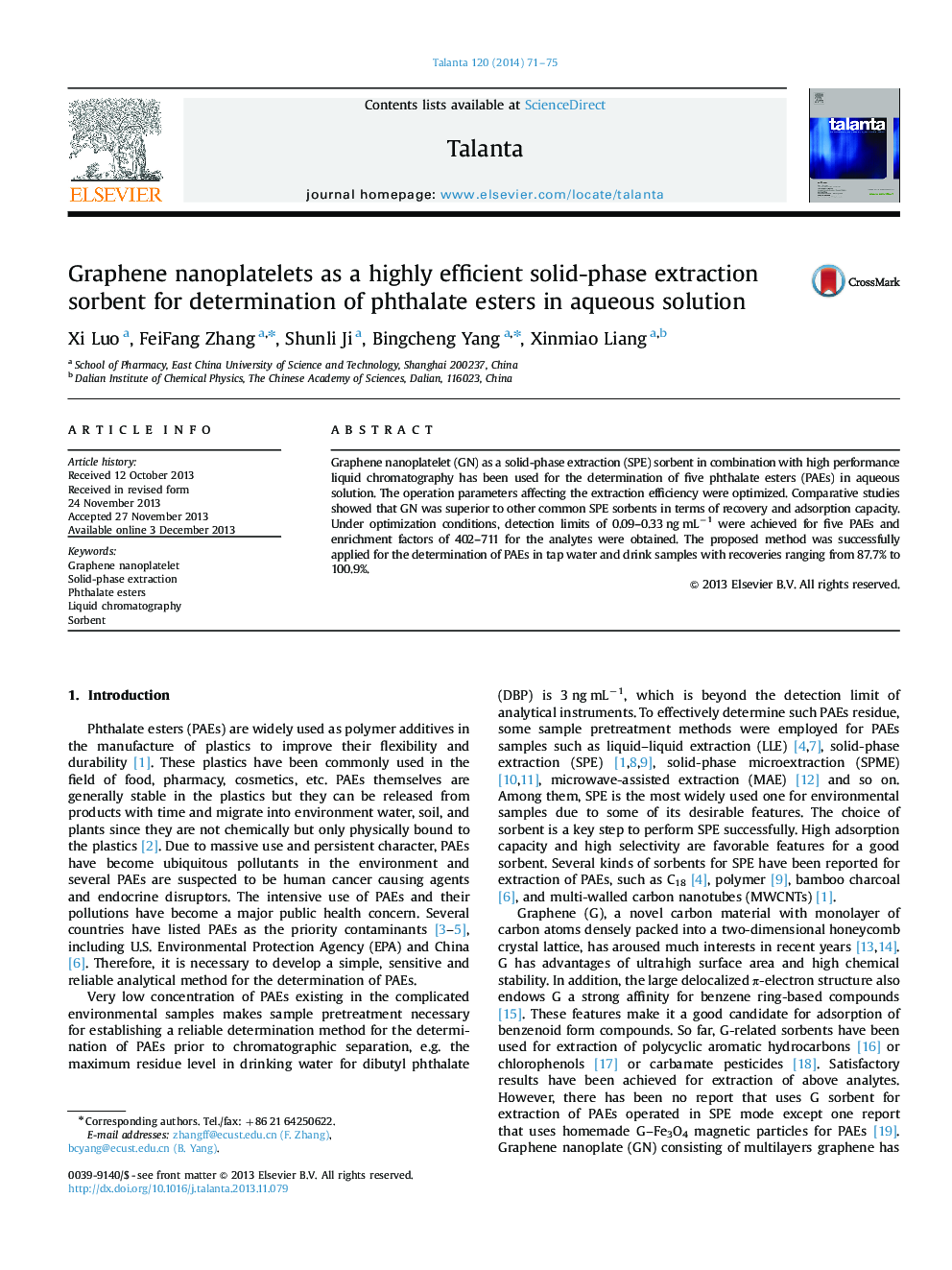 Graphene nanoplatelets as a highly efficient solid-phase extraction sorbent for determination of phthalate esters in aqueous solution