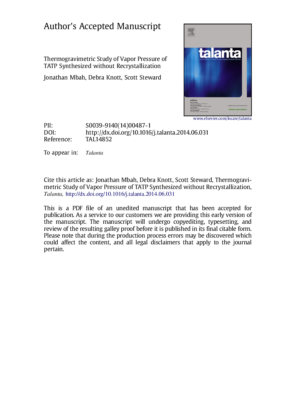 Thermogravimetric study of vapor pressure of TATP synthesized without recrystallization