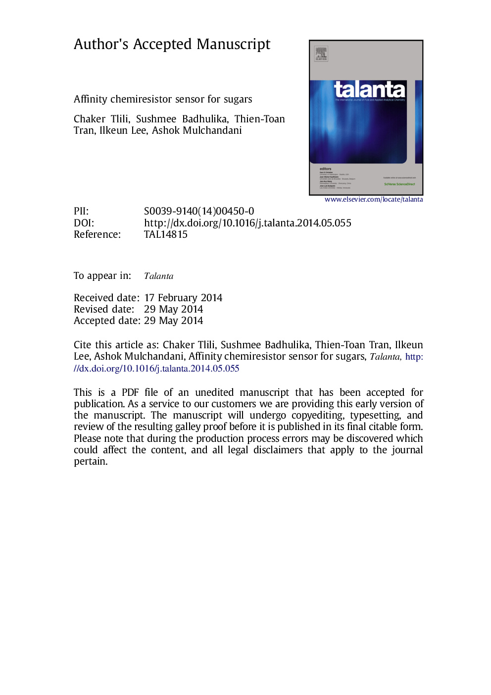 Affinity chemiresistor sensor for sugars