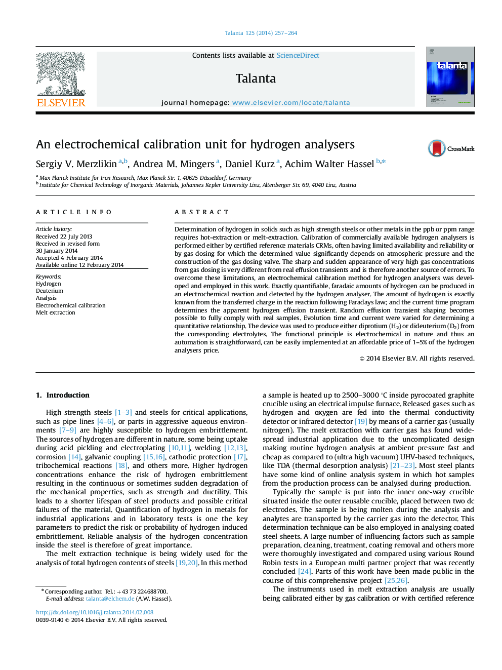 An electrochemical calibration unit for hydrogen analysers