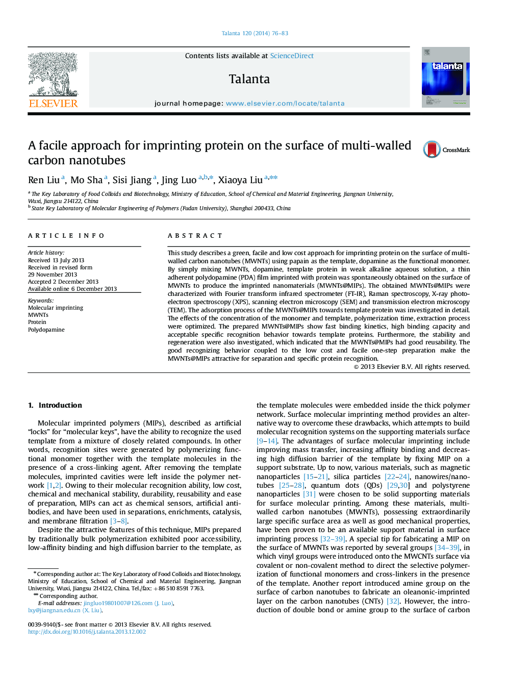 A facile approach for imprinting protein on the surface of multi-walled carbon nanotubes