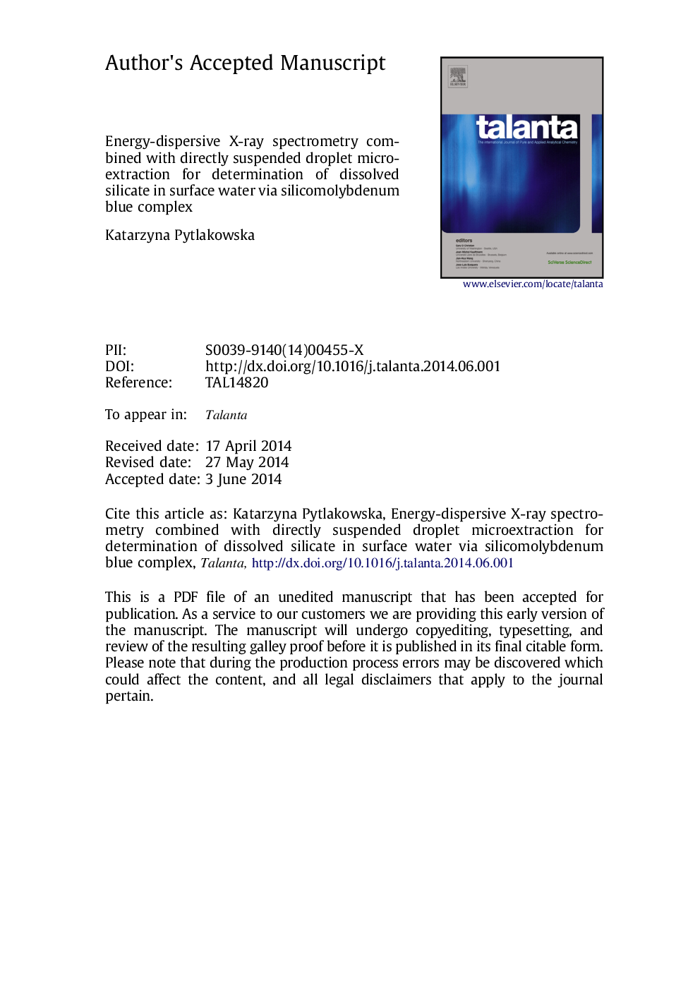 Energy-dispersive X-ray spectrometry combined with directly suspended droplet microextraction for determination of dissolved silicate in surface water via silicomolybdenum blue complex