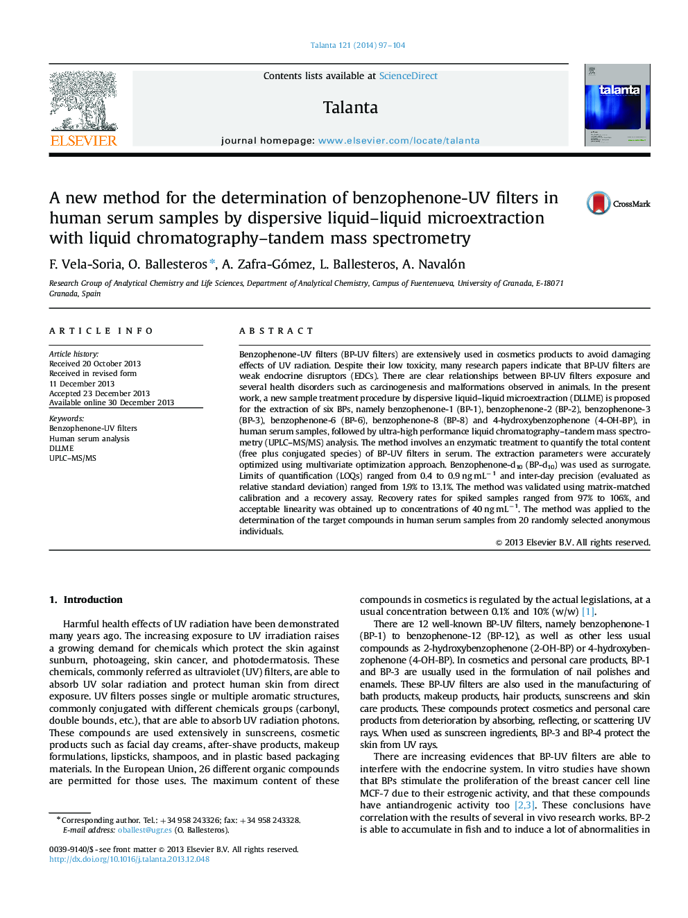 A new method for the determination of benzophenone-UV filters in human serum samples by dispersive liquid-liquid microextraction with liquid chromatography-tandem mass spectrometry