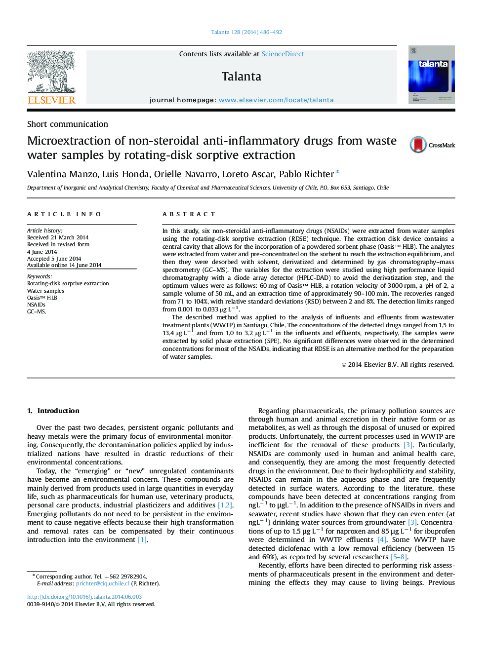 Microextraction of non-steroidal anti-inflammatory drugs from waste water samples by rotating-disk sorptive extraction
