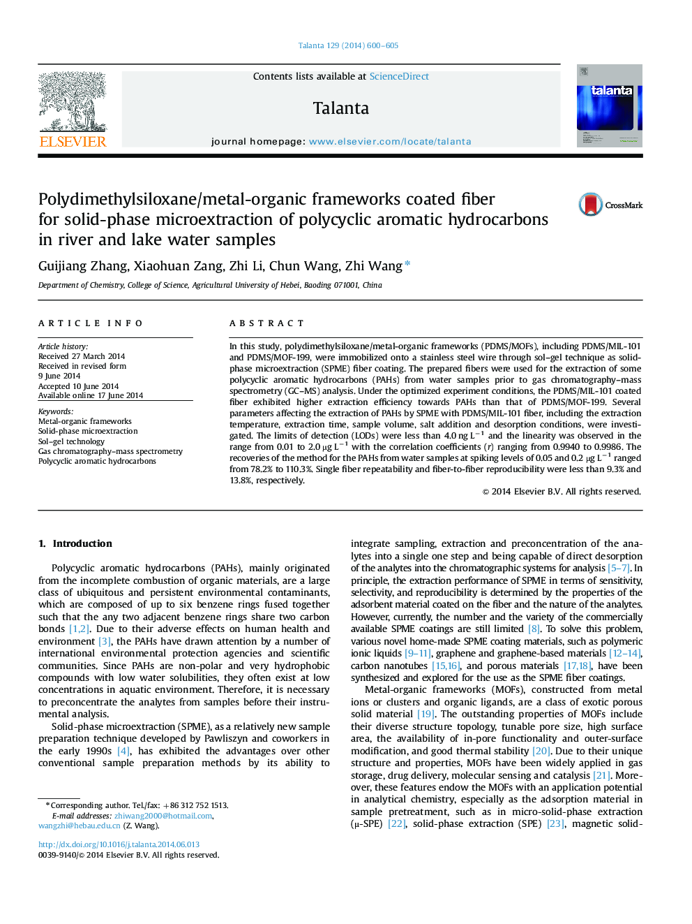 Polydimethylsiloxane/metal-organic frameworks coated fiber for solid-phase microextraction of polycyclic aromatic hydrocarbons in river and lake water samples