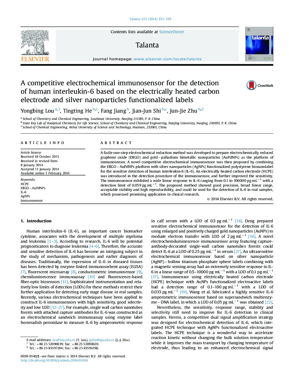 A competitive electrochemical immunosensor for the detection of human interleukin-6 based on the electrically heated carbon electrode and silver nanoparticles functionalized labels