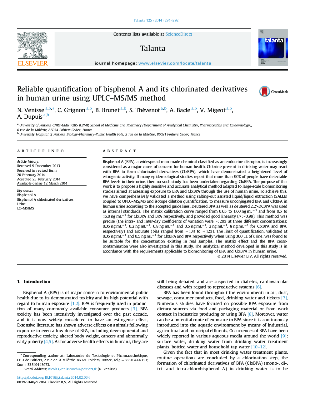 Reliable quantification of bisphenol A and its chlorinated derivatives in human urine using UPLC-MS/MS method