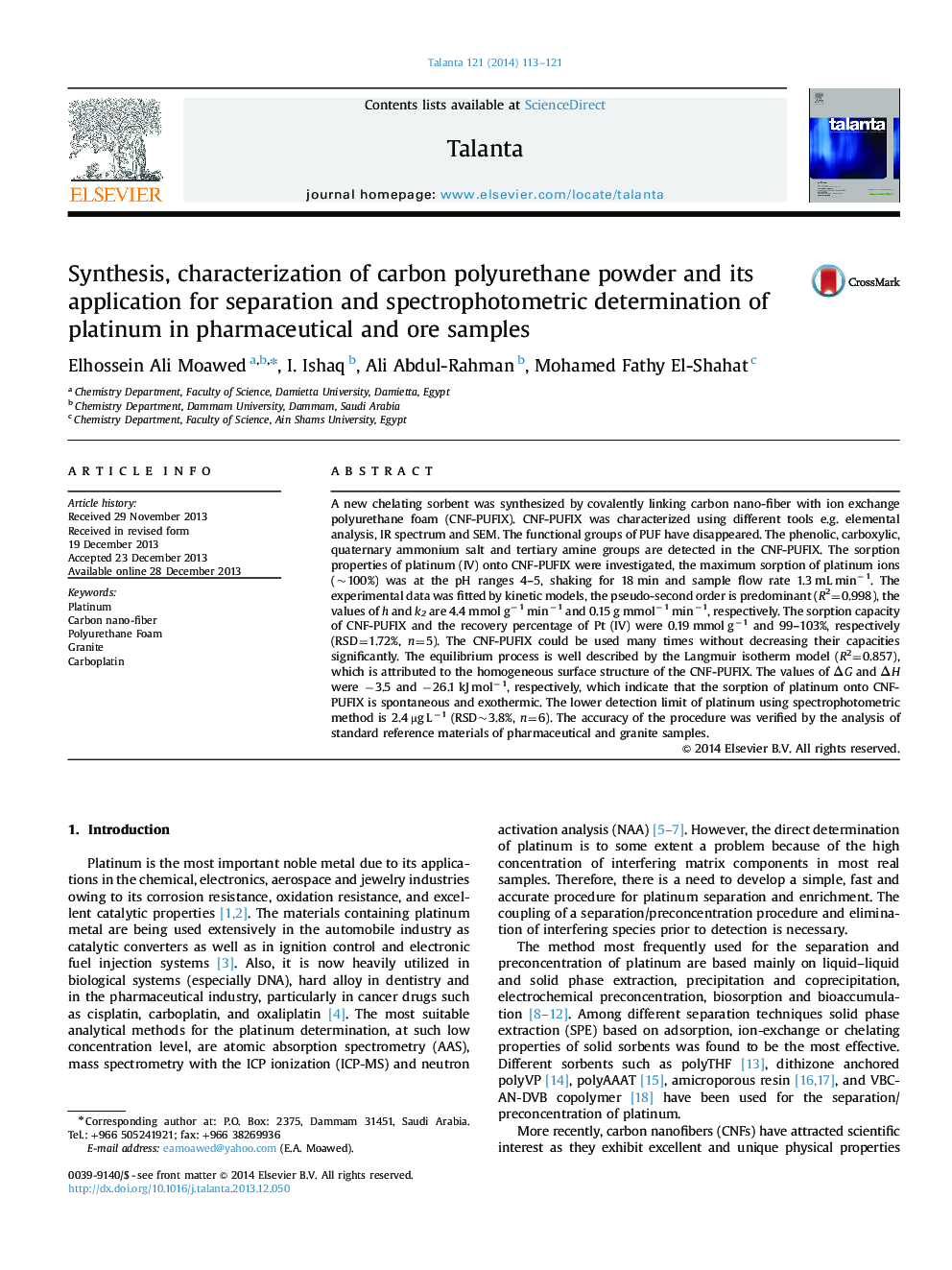 Synthesis, characterization of carbon polyurethane powder and its application for separation and spectrophotometric determination of platinum in pharmaceutical and ore samples