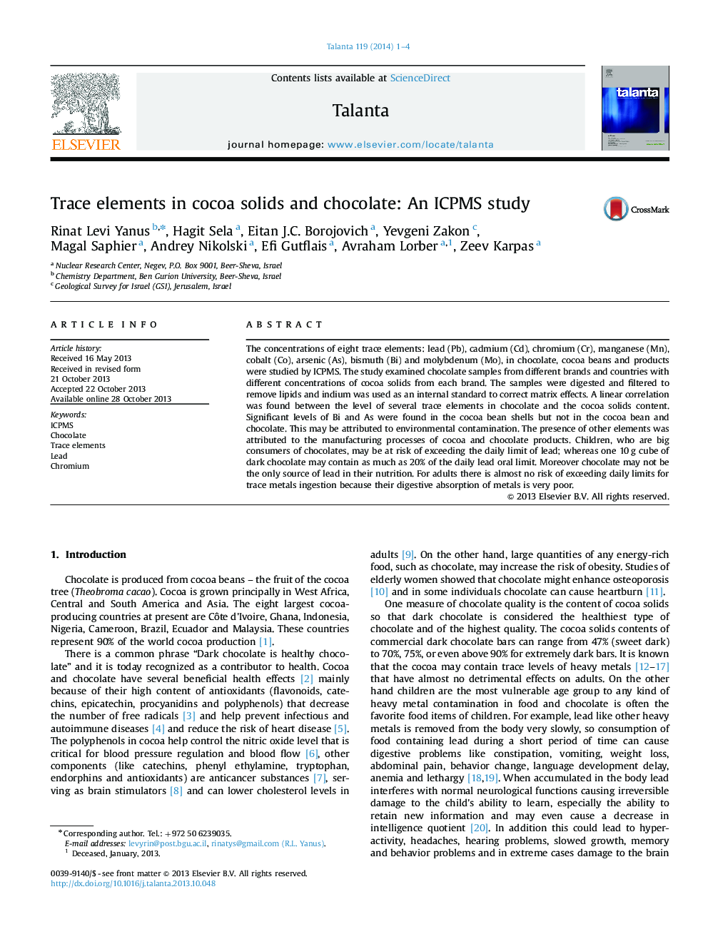 Trace elements in cocoa solids and chocolate: An ICPMS study