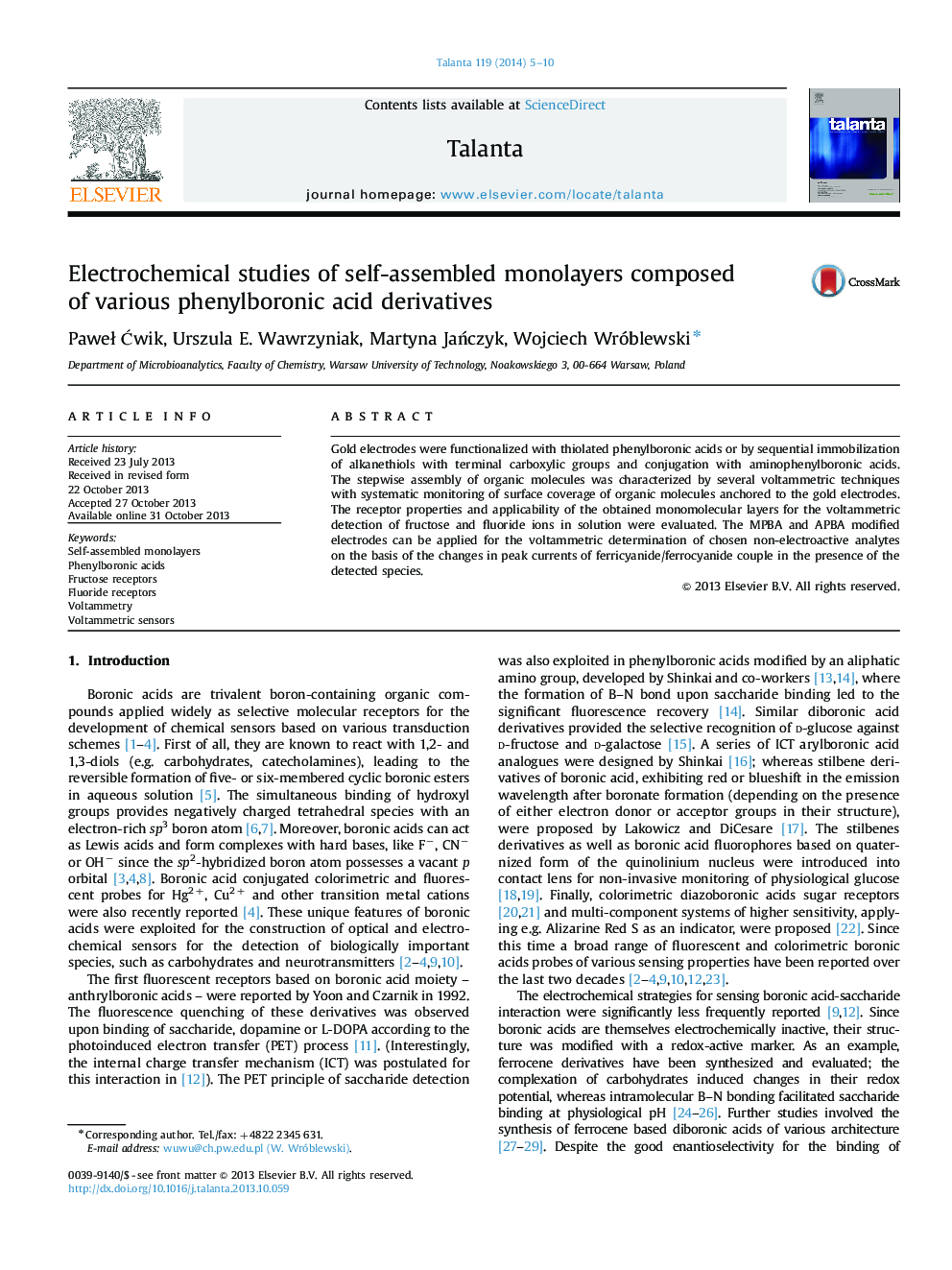 Electrochemical studies of self-assembled monolayers composed of various phenylboronic acid derivatives