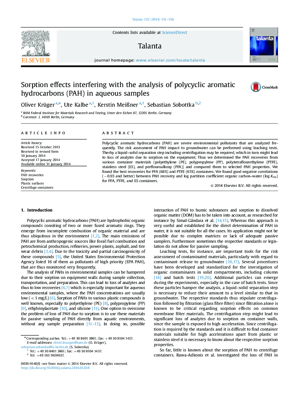 Sorption effects interfering with the analysis of polycyclic aromatic hydrocarbons (PAH) in aqueous samples