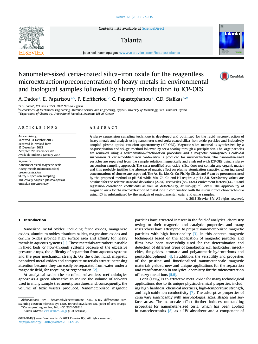 Nanometer-sized ceria-coated silica-iron oxide for the reagentless microextraction/preconcentration of heavy metals in environmental and biological samples followed by slurry introduction to ICP-OES