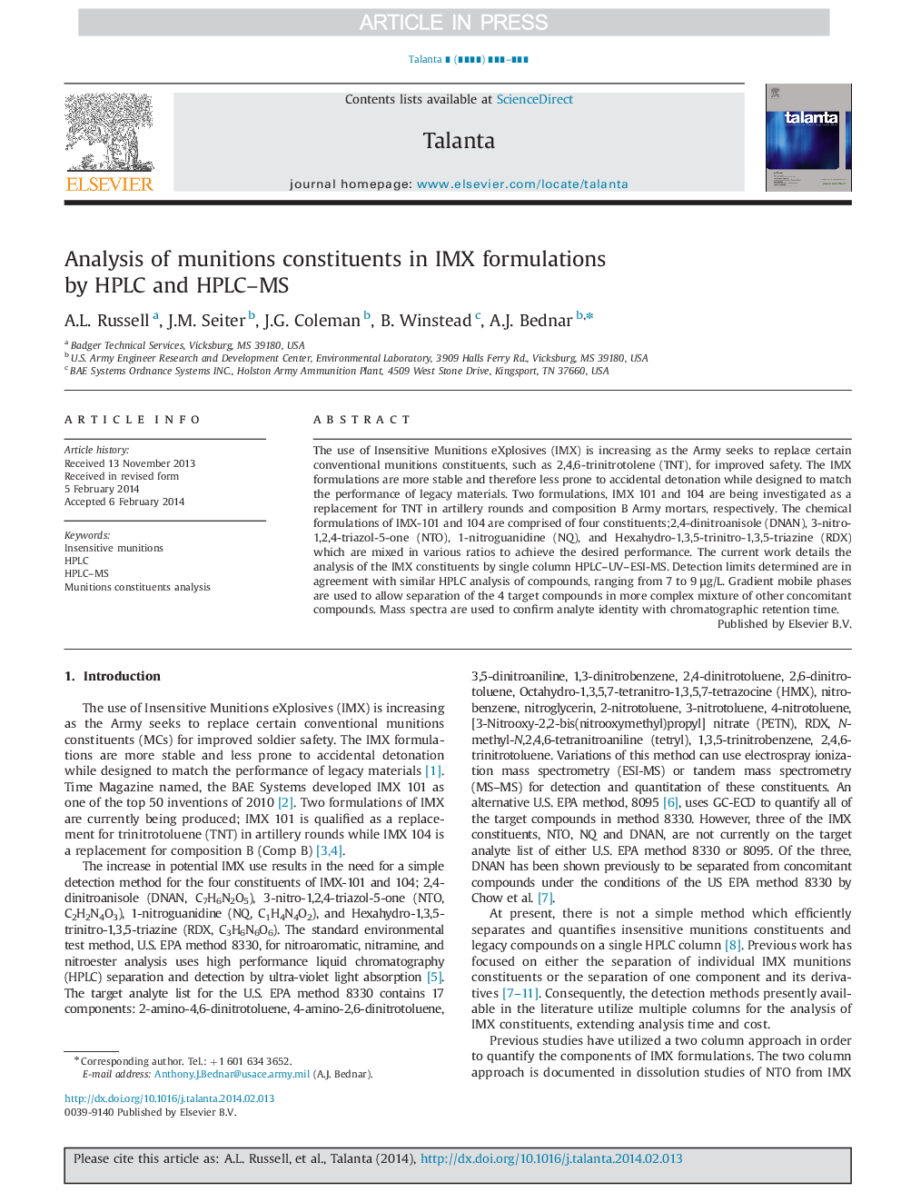 Analysis of munitions constituents in IMX formulations by HPLC and HPLC-MS