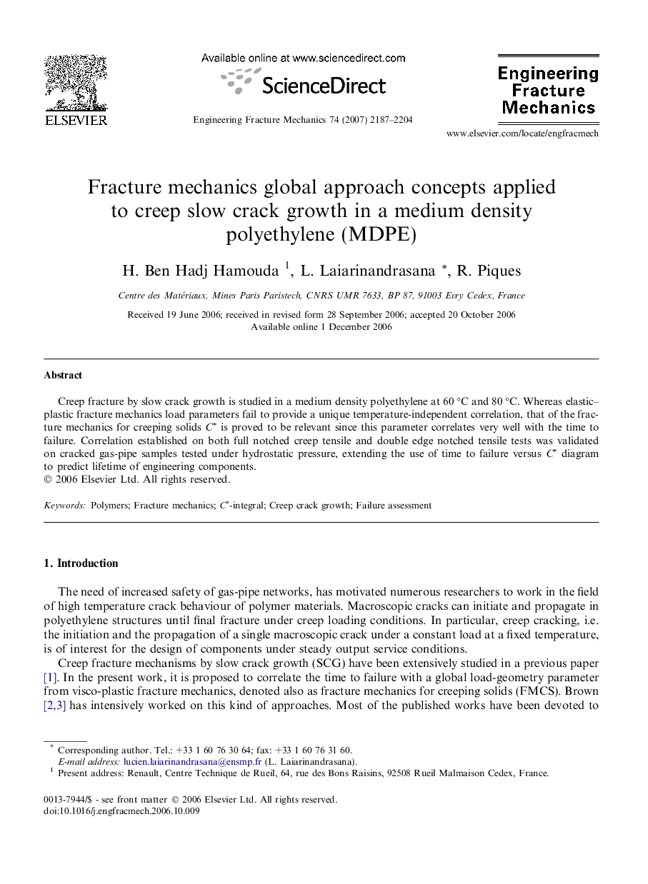 Fracture mechanics global approach concepts applied to creep slow crack growth in a medium density polyethylene (MDPE)