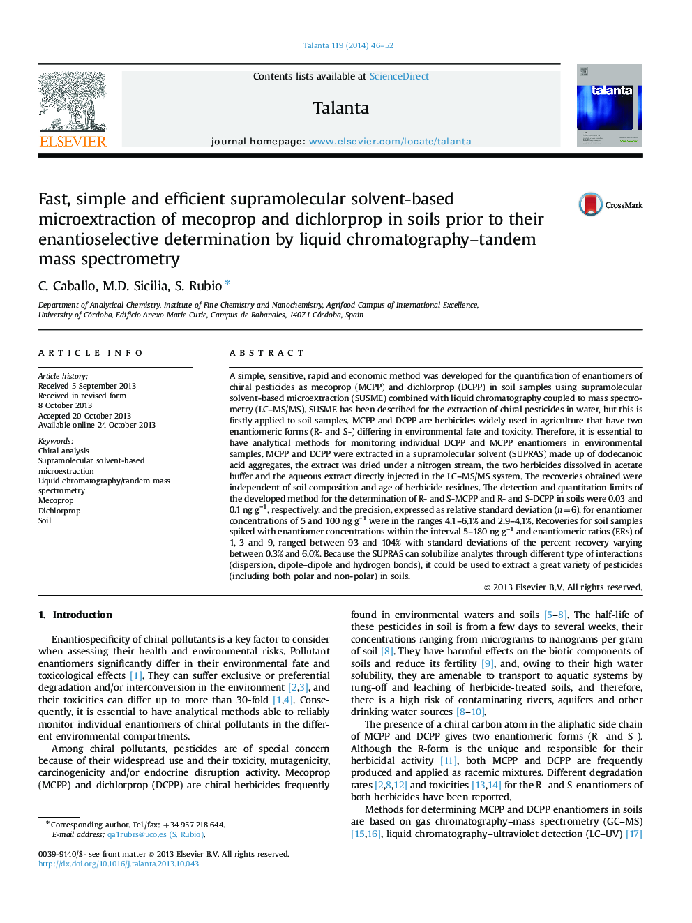 Fast, simple and efficient supramolecular solvent-based microextraction of mecoprop and dichlorprop in soils prior to their enantioselective determination by liquid chromatography-tandem mass spectrometry