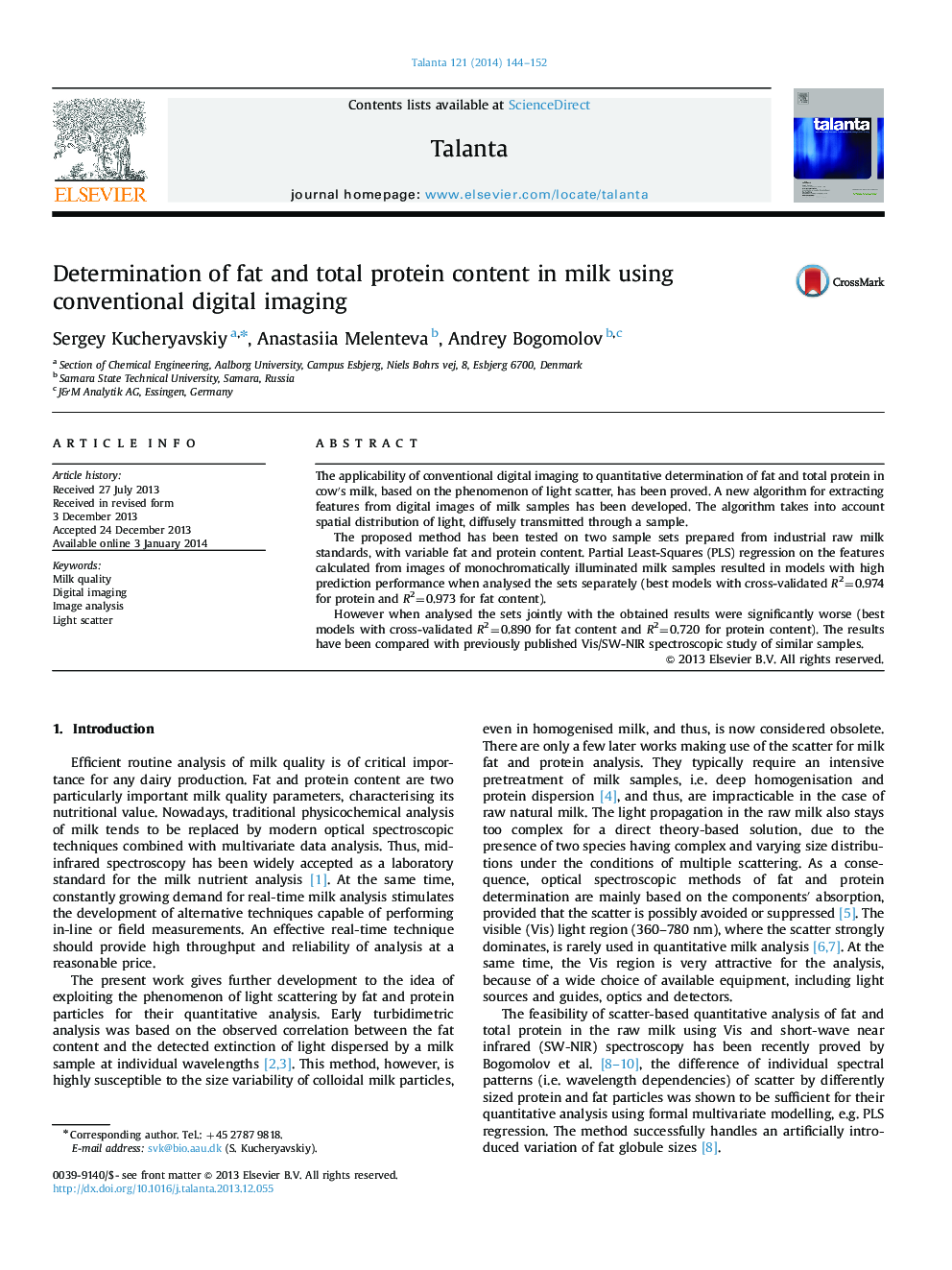 Determination of fat and total protein content in milk using conventional digital imaging