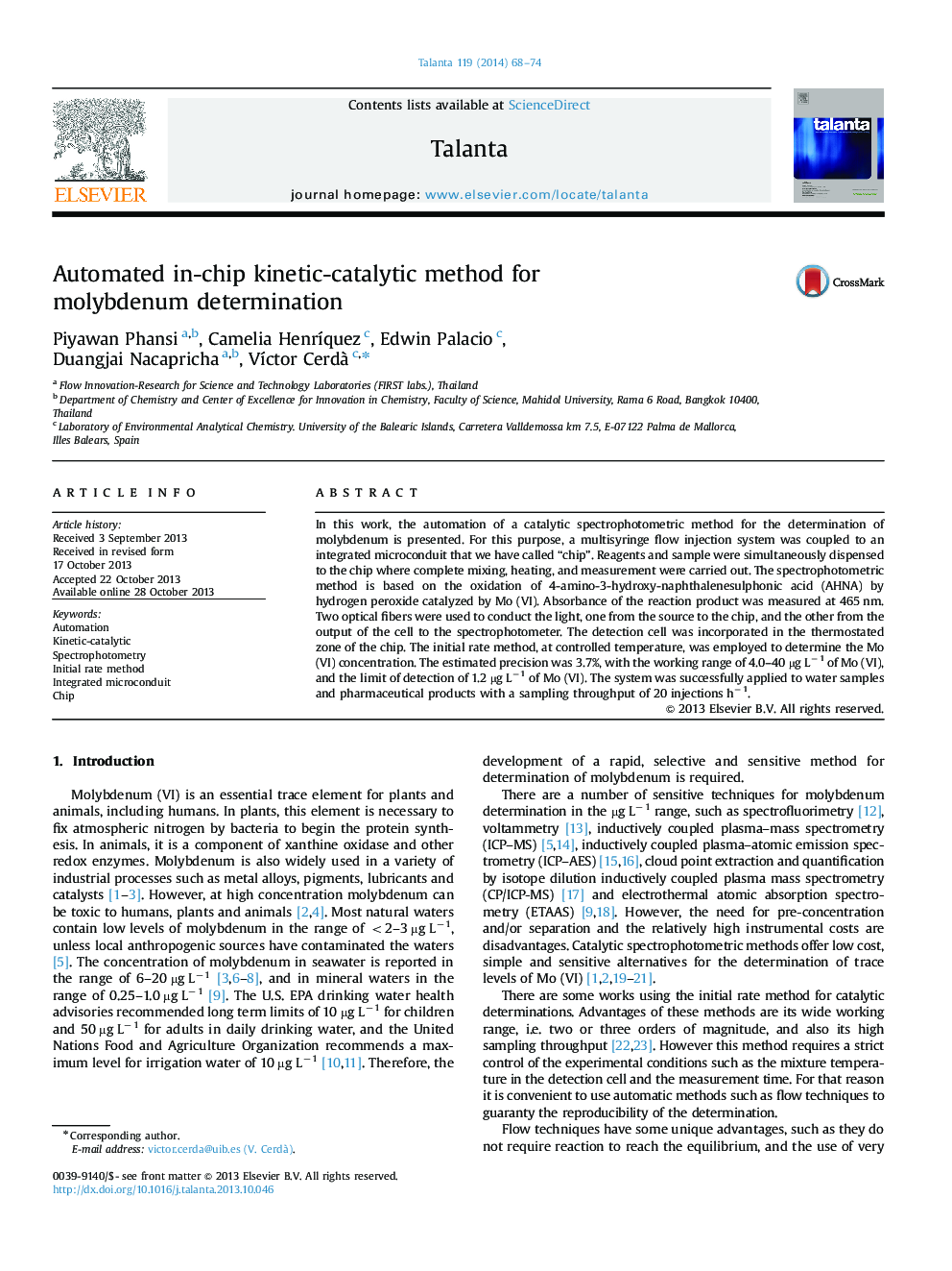 Automated in-chip kinetic-catalytic method for molybdenum determination