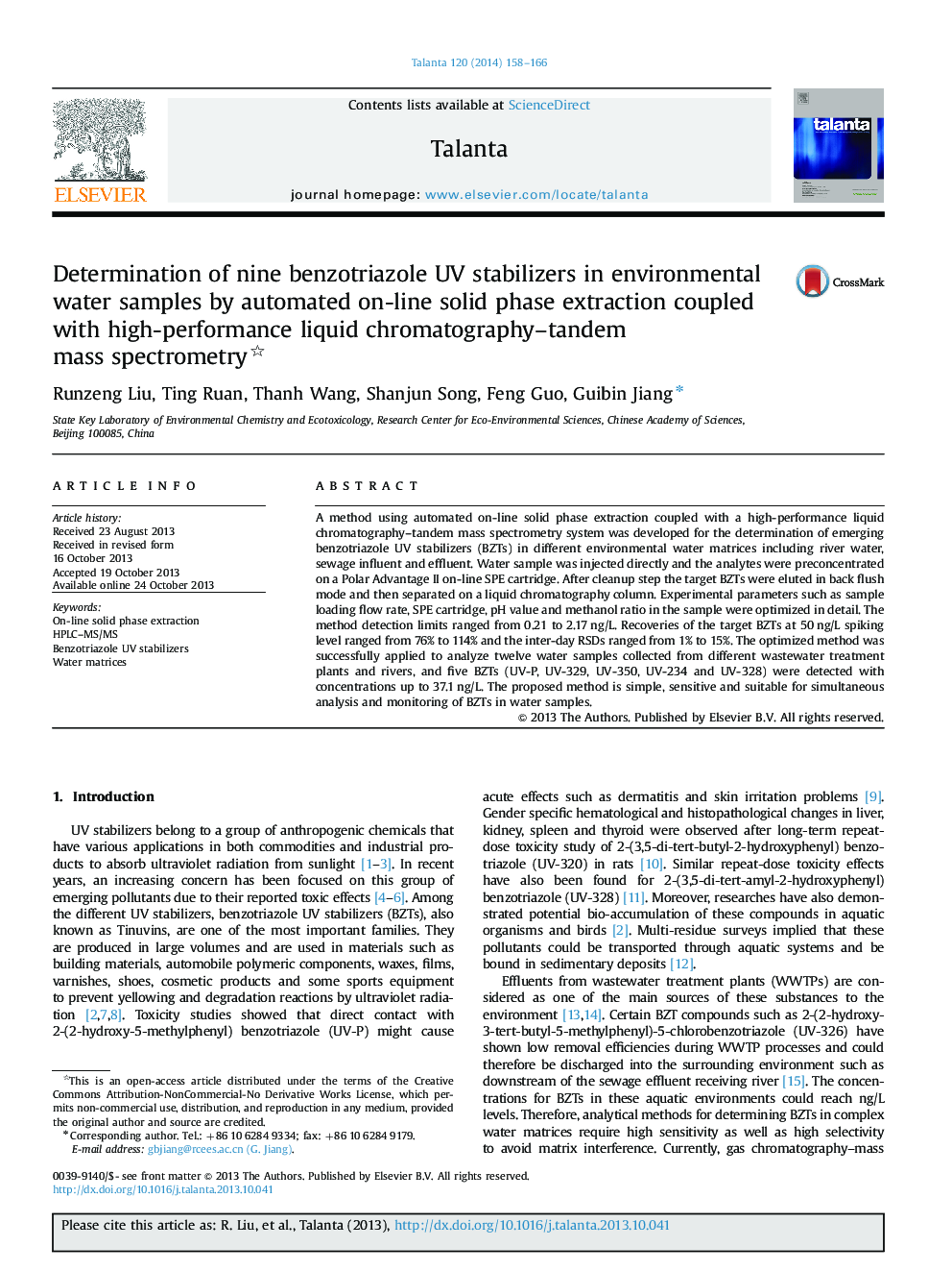 Determination of nine benzotriazole UV stabilizers in environmental water samples by automated on-line solid phase extraction coupled with high-performance liquid chromatography-tandem mass spectrometry