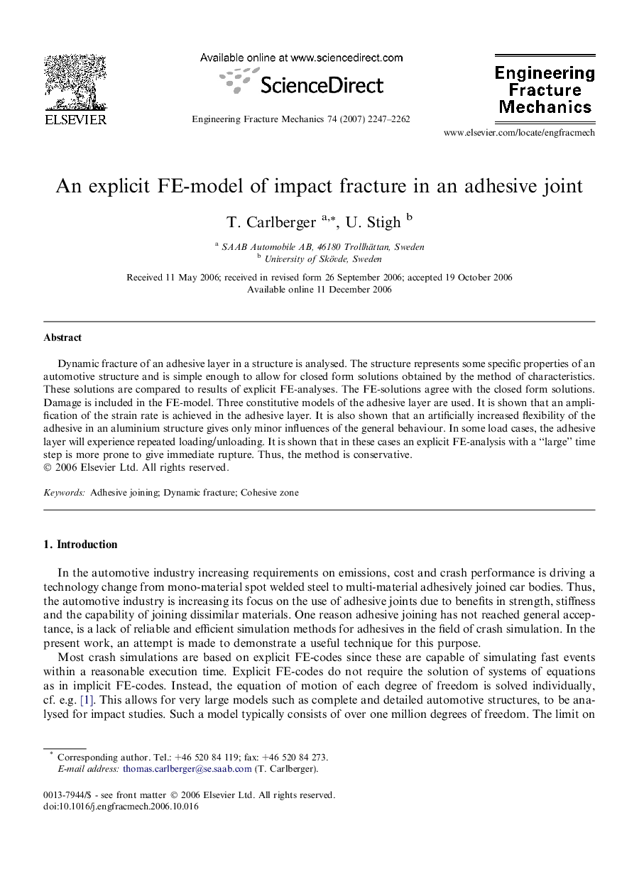 An explicit FE-model of impact fracture in an adhesive joint