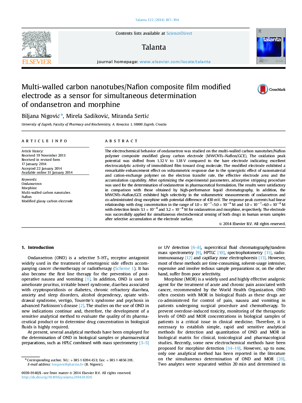 Multi-walled carbon nanotubes/Nafion composite film modified electrode as a sensor for simultaneous determination of ondansetron and morphine