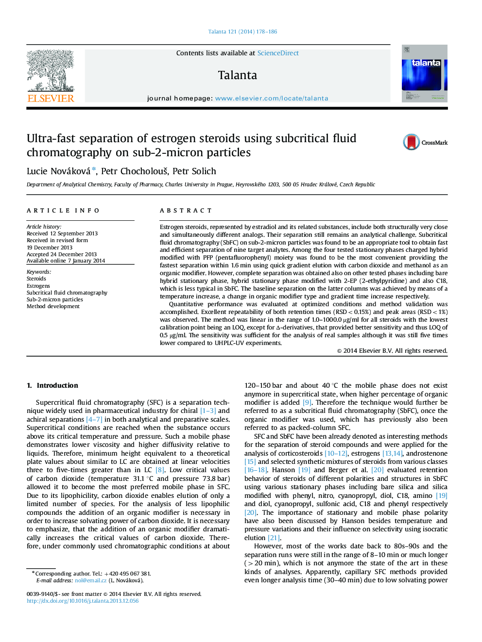 Ultra-fast separation of estrogen steroids using subcritical fluid chromatography on sub-2-micron particles