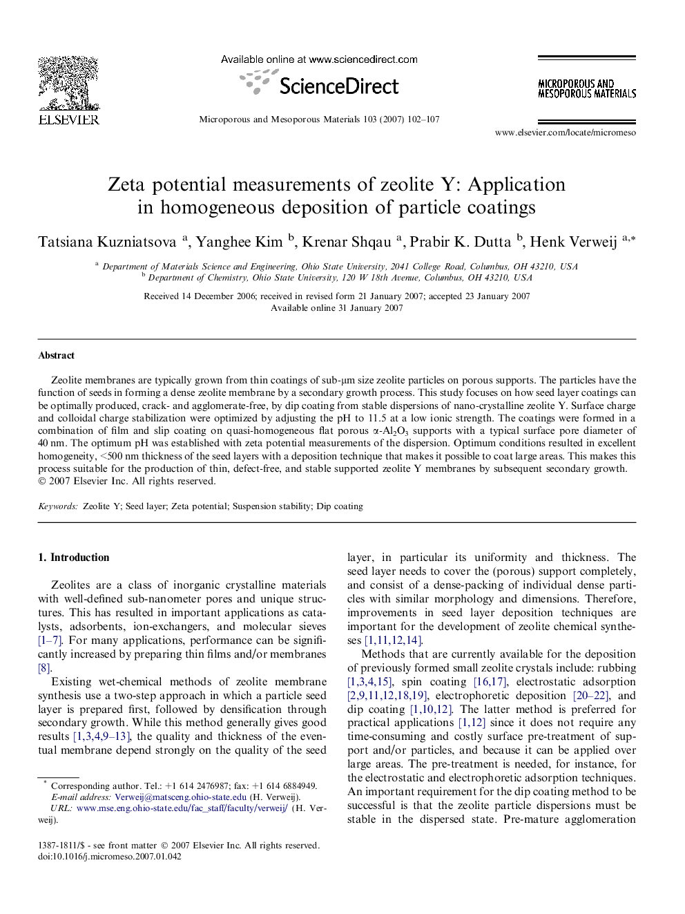 Zeta potential measurements of zeolite Y: Application in homogeneous deposition of particle coatings