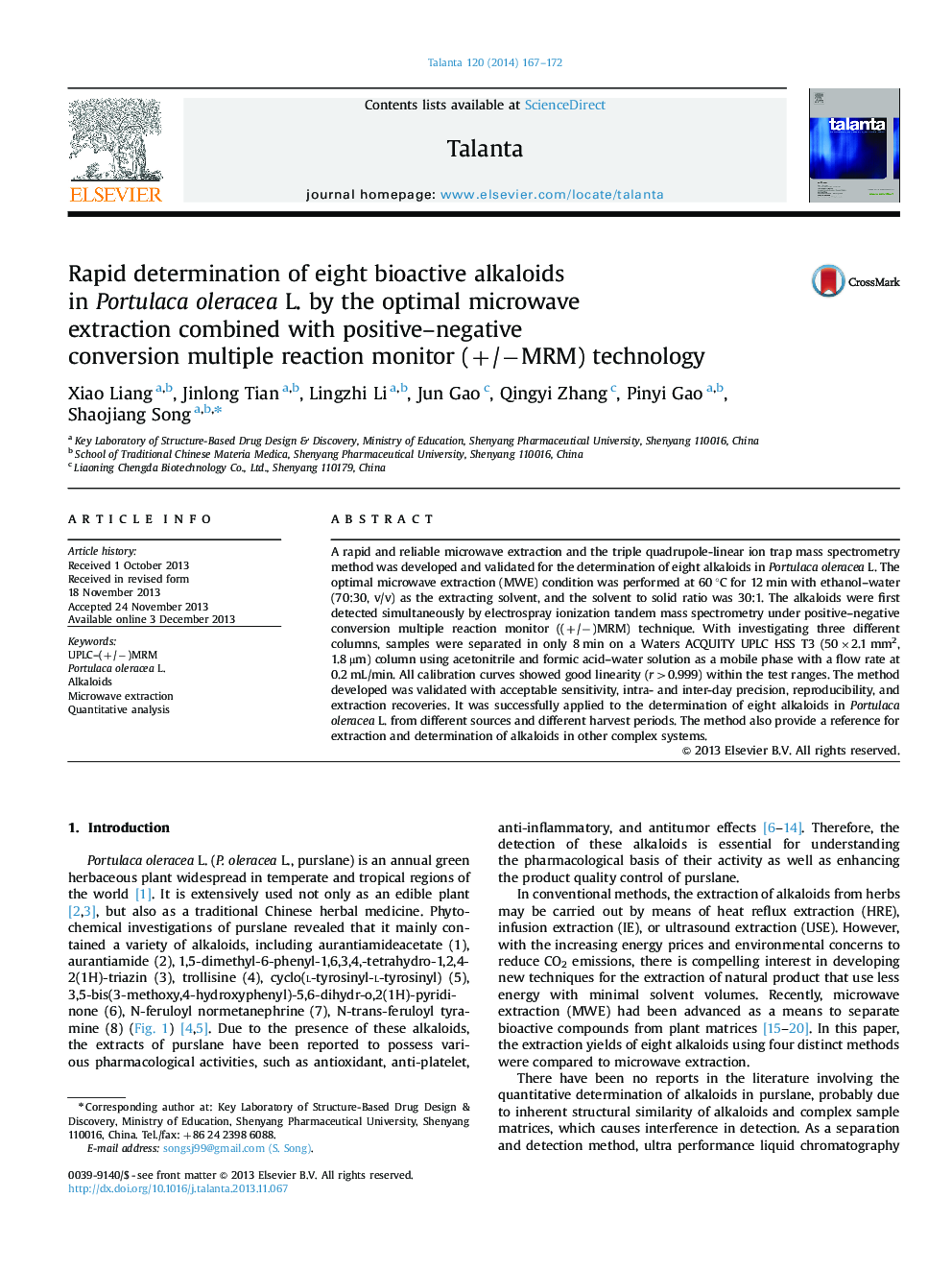 Rapid determination of eight bioactive alkaloids in Portulaca oleracea L. by the optimal microwave extraction combined with positive-negative conversion multiple reaction monitor (+/âMRM) technology